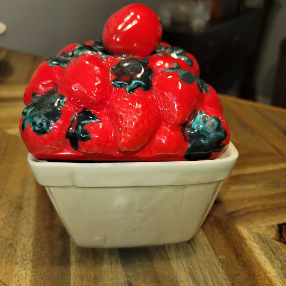 Vintage House of Webster Strawberry Basket Cookie Jar Canister Red Ceramic Fruit